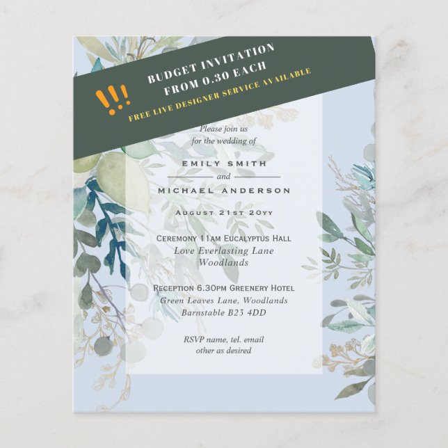 HAUSHALTSGlassgrün Eukalyptus-Blätter Hochzeit Flyer (Vorne)
