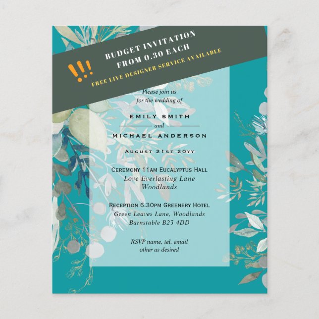 HAUSHALTSGlassgrün Eukalyptus-Blätter Hochzeit Flyer (Vorne)