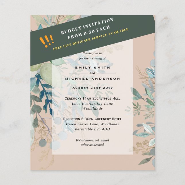 HAUSHALTSGlassgrün Eukalyptus-Blätter Hochzeit Flyer (Vorne)