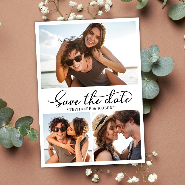 Haushaltskalligrafie 3 FotoCollage Save the Date Ankündigungspostkarte (Von Creator hochgeladen)