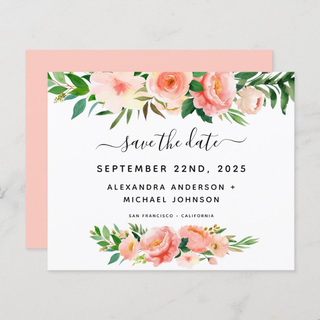 Haushaltskorallen Peach Floral Save the Date Einla (Vorne/Hinten)
