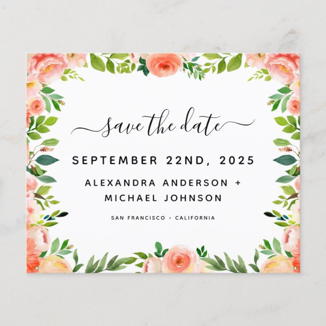 Haushaltskorallen Peach Floral Save the Date Einla Flyer (Vorne)
