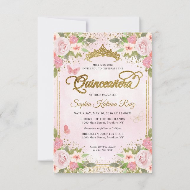 Haushaltsmittel Blumenrot Rosa Glitzer Quinceañera Mitteilungskarte (Vorderseite)