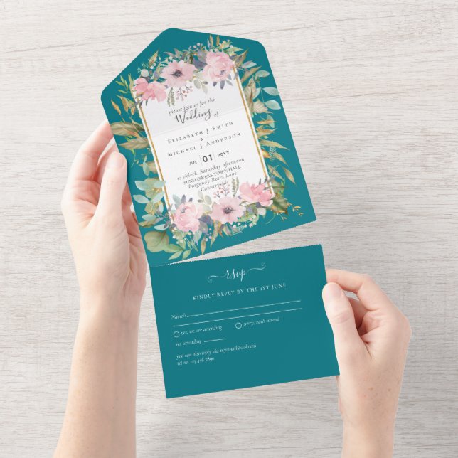 HAUSHALTSMITTEL Blush Pink Floral Wedding All In One Einladung (Abreißen)