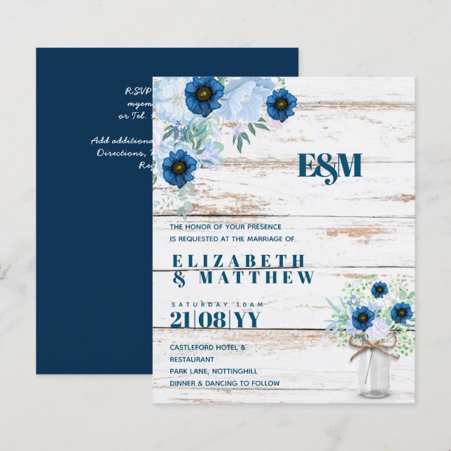 HAUSHALTSMITTEL Einladungen zu Blauen Blumenhochze (Vorne/Hinten)