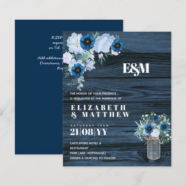 HAUSHALTSMITTEL Einladungen zu Blauen Blumenhochze (Vorne/Hinten)