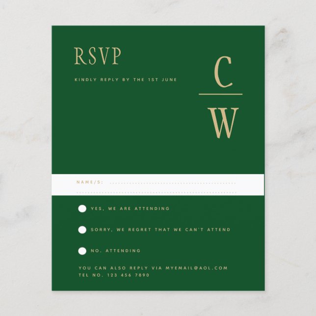 HAUSHALTSMITTEL Smarald Green Gold Wedding RSVP Flyer (Vorne)