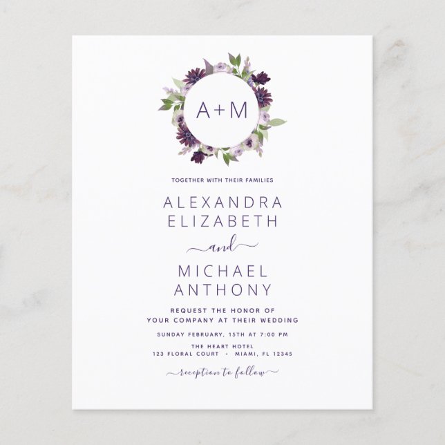 Haushaltsmonogramm floral Dusty Lila Hochzeit Flyer (Vorne)