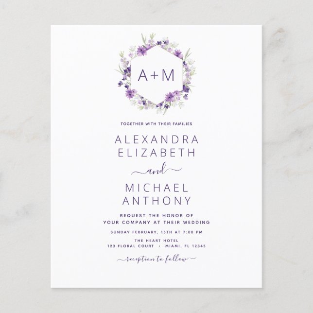 Haushaltsmonogramm floral Dusty Lila Hochzeit Flyer (Vorne)