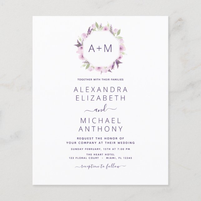 Haushaltsmonogramm floral Dusty Lila Hochzeit Flyer (Vorne)