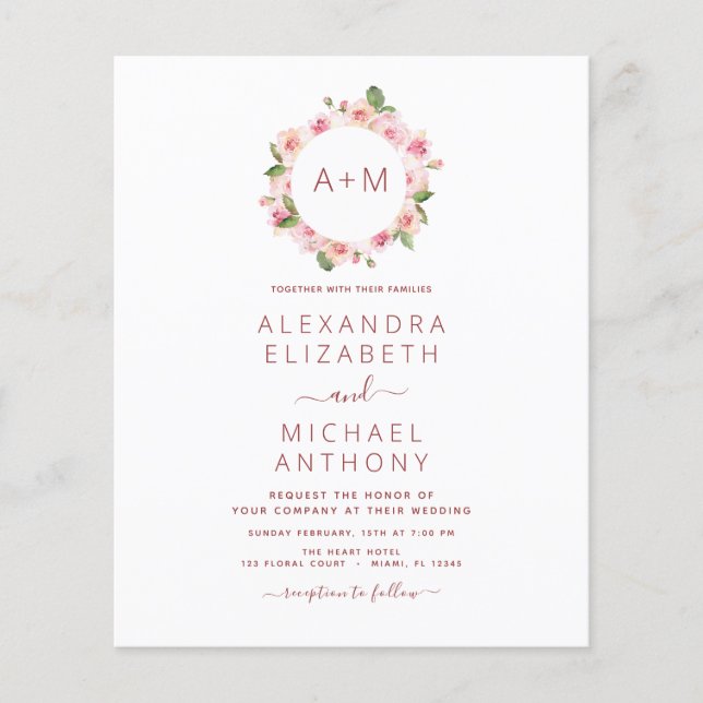Haushaltsmonogramm Floral Dusty Rose Rosa Hochzeit Flyer (Vorne)