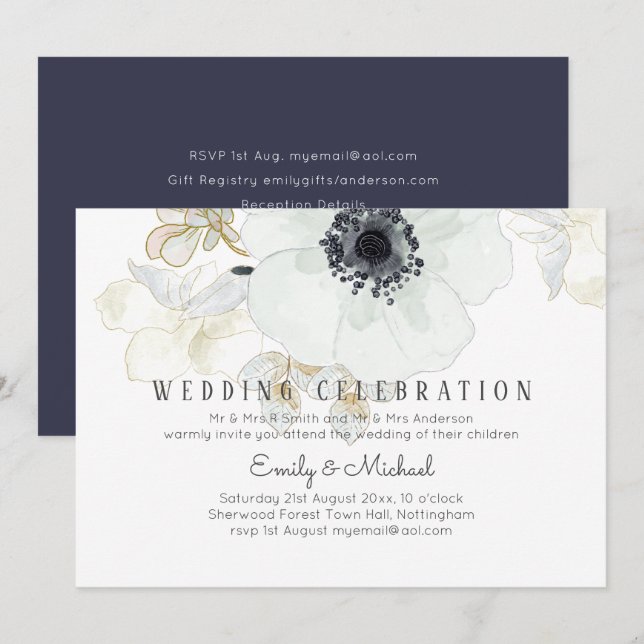 HAUSHALTSNavy White Gold Floral Wedite Einladung (Vorne/Hinten)
