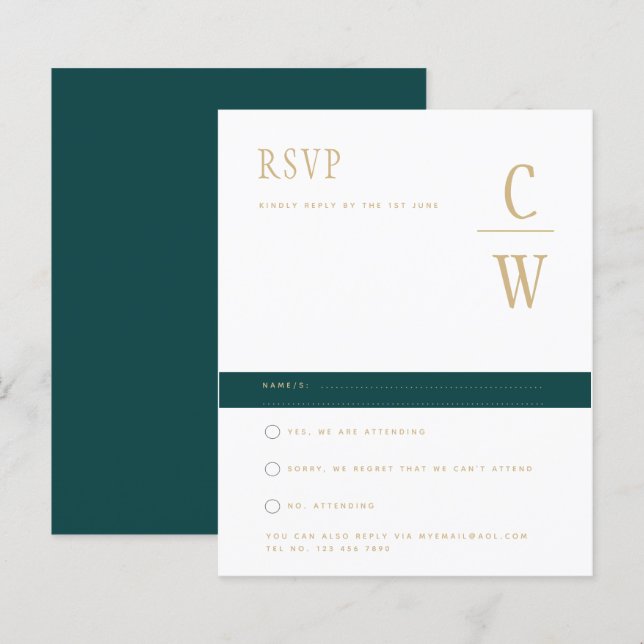 HAUSHALTSPfau AQUAMARIN grünes Gold Hochzeit RSVP (Vorne/Hinten)
