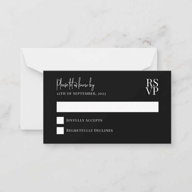 HAUSHALTSPLAN Schwarz-Weiß-Hochzeit-RSVP Mitteilungskarte (Vorderseite)