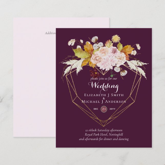 HAUSHALTSPLATZ und Korallenfloralhochzeit Einladun (Vorne/Hinten)
