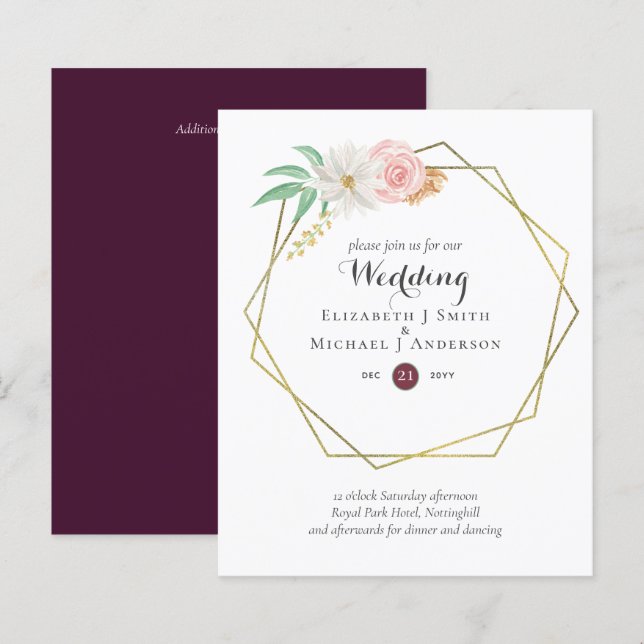 HAUSHALTSPLATZ und Korallenfloralhochzeit Einladun (Vorne/Hinten)