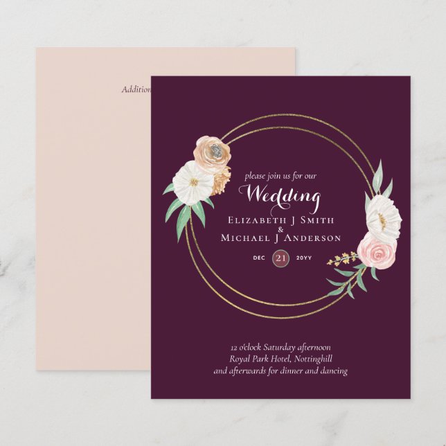 HAUSHALTSPLATZ und Korallenfloralhochzeit Einladun (Vorne/Hinten)