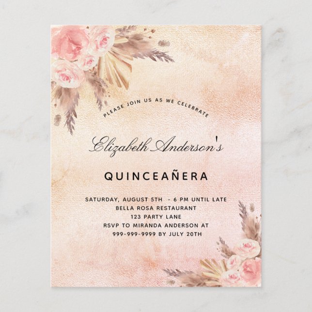 Haushaltsquinceanera Pampas Gras Einladung (Vorderseite)