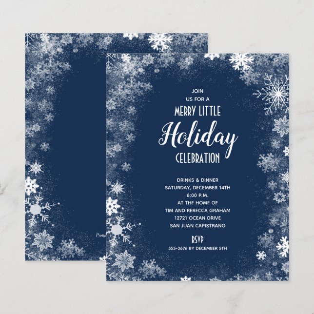 Haushaltsschneeflocken auf Navy-Holiday-Einladunge (Vorne/Hinten)