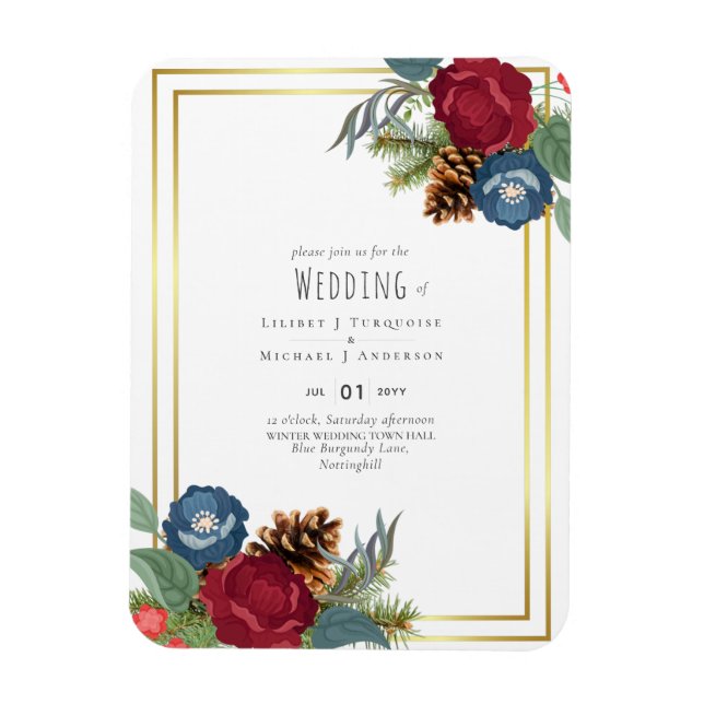 HAUSHALTSWinter Hochzeit Burgund Aquamarin Blue Mo Magnet (Vertikal)