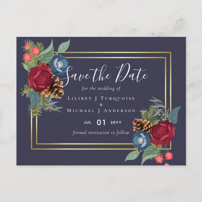 HAUSHALTSWinter Hochzeit Burgund Aquamarin Blue Mo Postkarte (Vorderseite)