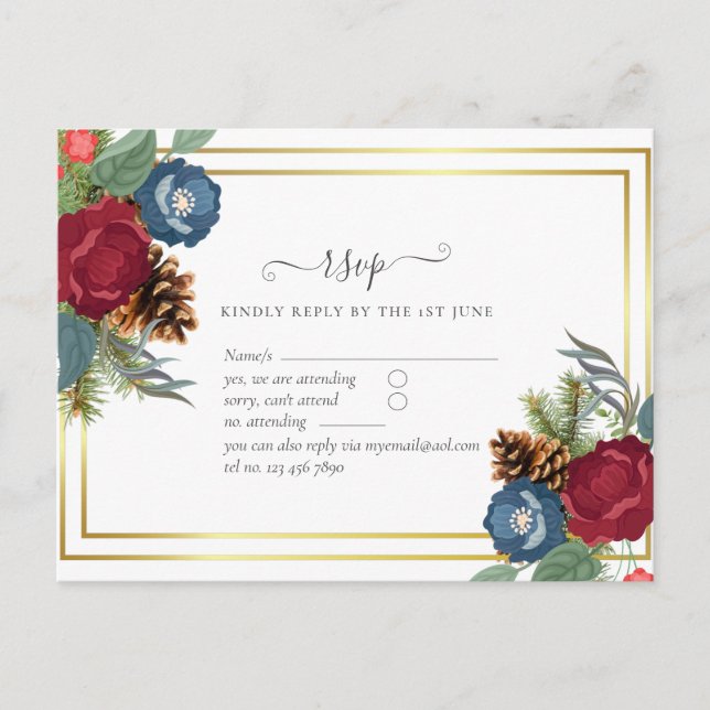 HAUSHALTSWinter Hochzeit Burgund Aquamarin Blue Mo Postkarte (Vorderseite)