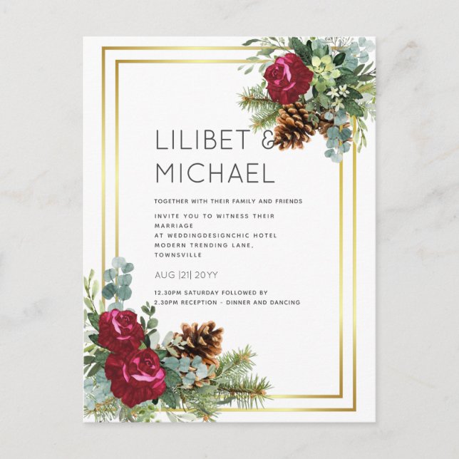 HAUSHALTSWinter Hochzeit Burgund Rose Eukalyptus Postkarte (Vorderseite)