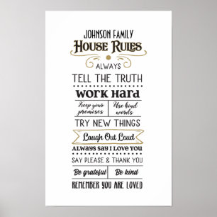 Hausregeln mit Familienname Black Gold Poster