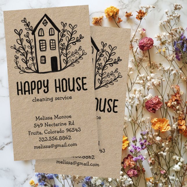 Hausreinigung gebührenpflichtige Kraft Visitenkarte (House Cleaning Services Charming Hand Drawn Kraft Business Card
)