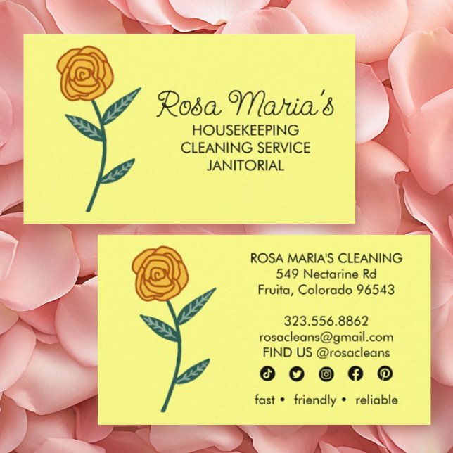 Hausreinigung Gold Rose Logo Soziale Symbole Visitenkarte (Custom cleaning business cards with rose design and social media icons in yellow)