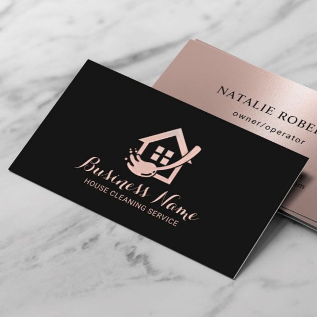 Hausreinigung Moderner Black Rose Gold Zimmermädch Visitenkarte (Von Creator hochgeladen)