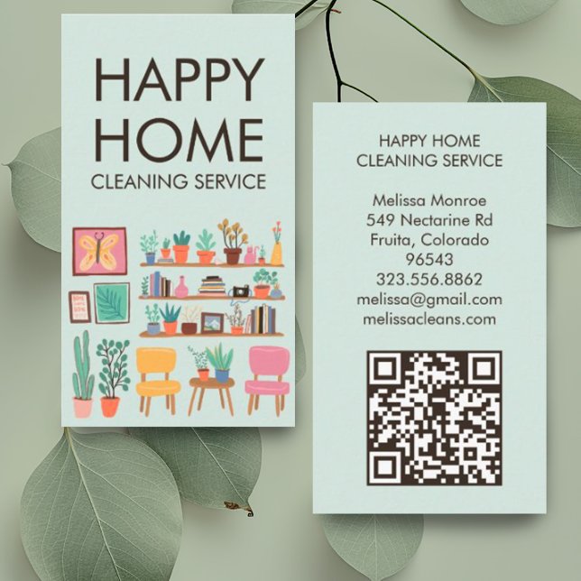 Hausreinigung Niedliches Wohnzimmer Art QR Code Visitenkarte (Cute living room illustration adorns these custom business cards with QR code. Perfect for maids)
