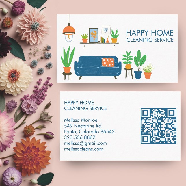 Hausreinigung Niedliches Wohnzimmer Art QR Code Visitenkarte (House Cleaning Cute Livingroom Art Custom QR Code Business Card
)