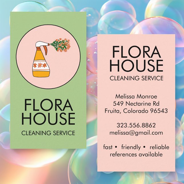 Hausreinigung Spray Flasche Flor Logo Visitenkarte (House Cleaning Service Spray Bottle Floral Logo Custom Pink Green Girly Sweet Business Card
)