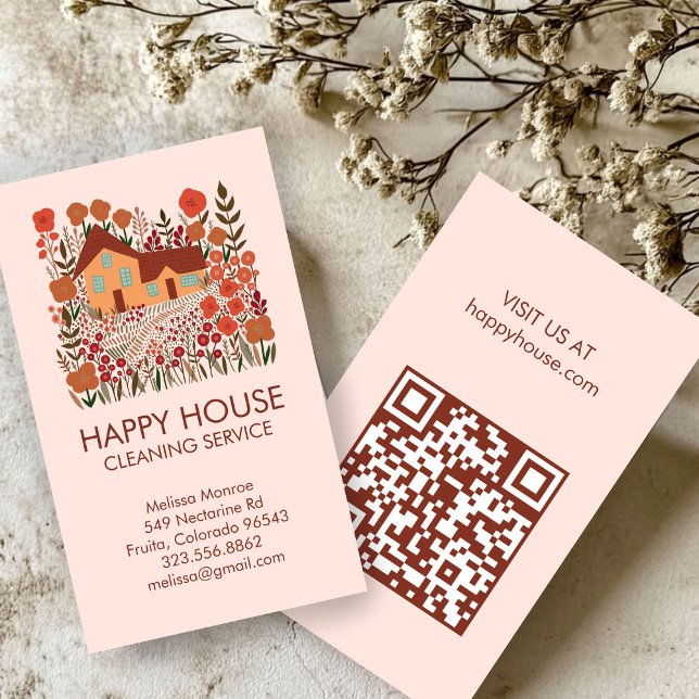 Hausreinigung Zuhause Services Blumenbetrieb QR Visitenkarte (House Cleaning Home Services Floral Farmhouse QR Business Card
)