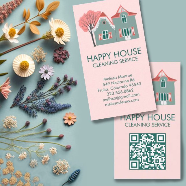 Hausreinigung Zuhause Services Charming QR Code Visitenkarte (House Cleaning Home Services Charming QR Code Business Card customize with your own text, add links)