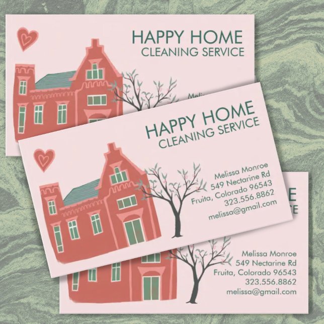 Hausreinigung Zuhause-Services Charming Rosa Grün Visitenkarte (Cute house hand-drawn illustration decorates this custom business card. Add your text, change colors)