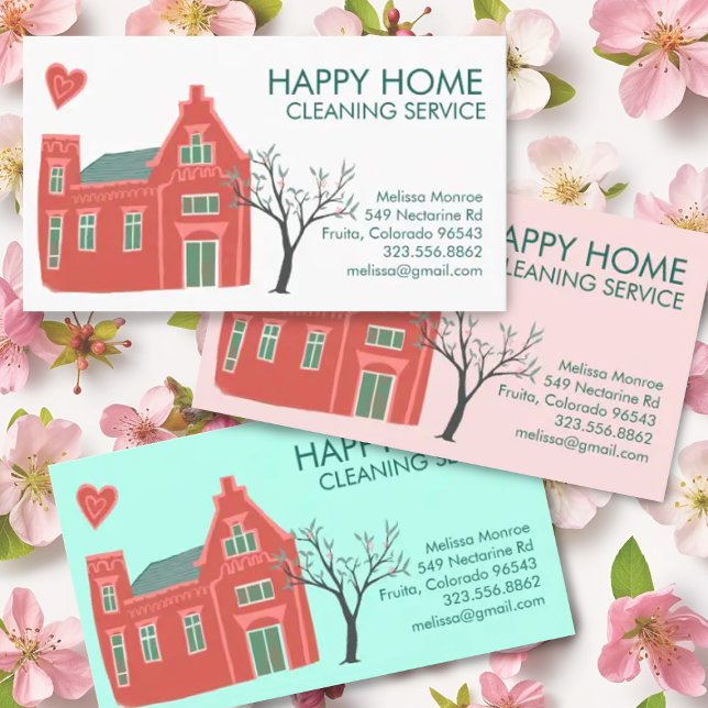 Hausreinigung Zuhause-Services Charming Rosa Grün Visitenkarte (Cute house hand-drawn illustration decorates this custom business card. Add your text, change colors)