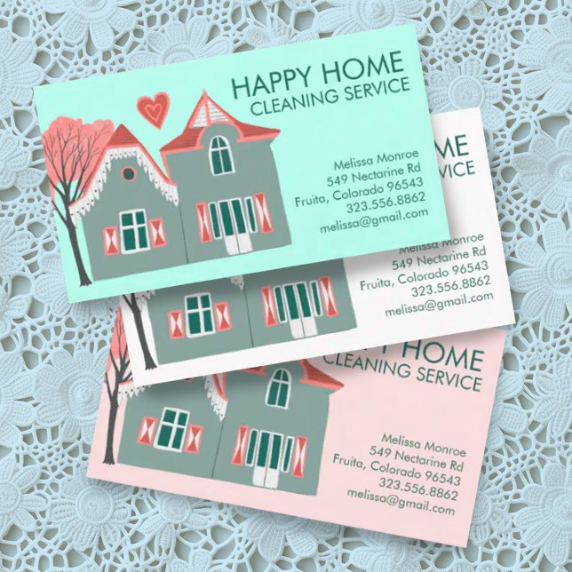 Hausreinigung Zuhause-Services Charming Rosa Grün Visitenkarte (Cute house custom business cards for housecleaners, maids, janitorial services)
