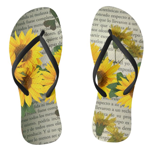 Hausschuhe mit Sonnenblumen, Buchstaben, Gelb und Flip Flops (Fußbett)