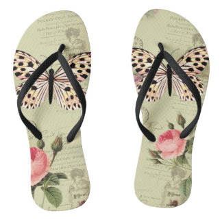 hausschuhe vintage, Rose und Schmetterling auf Flip Flops
