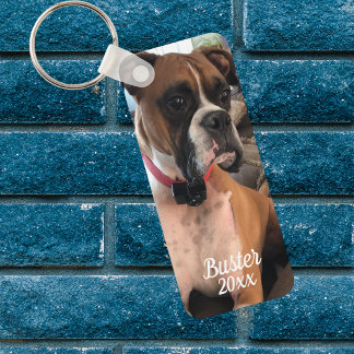 Haustier Boxer Foto   Weiße Typografie Personalisi Schlüsselanhänger