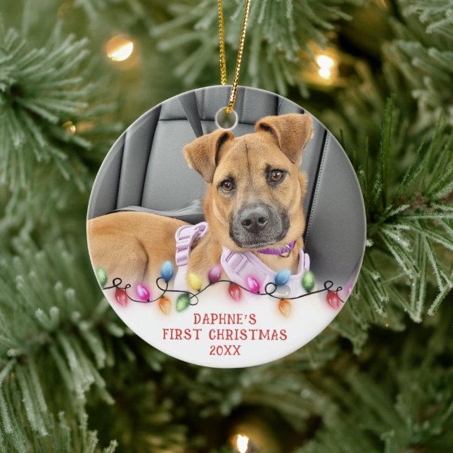 Haustier Erste Weihnachtsbeleuchtung 2 Fotos Perso Keramik Ornament (Baum)