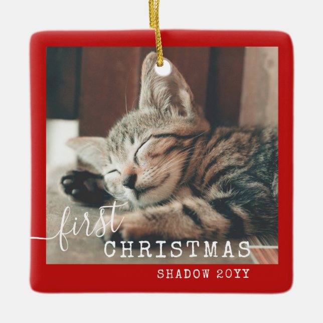 Haustier Erste Weihnachtszeit Foto Rot Rustikal Keramikornament (Vorderseite)