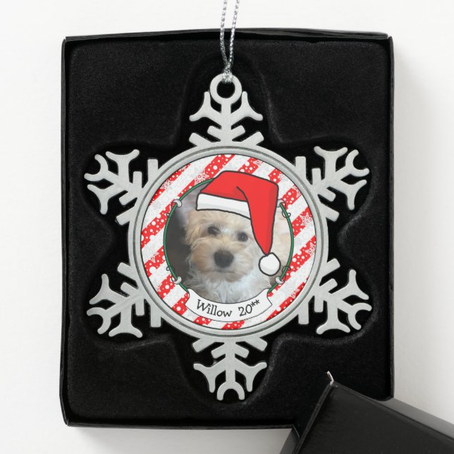 Haustier Foto Erste Weihnachtsmannmütze Weihnachte Schneeflocken Zinn-Ornament (Box)