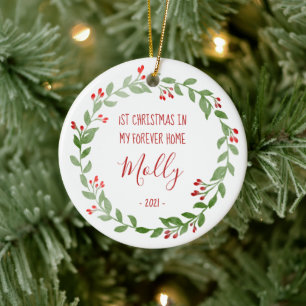 Haustier-Foto Erstes Weihnachten Kranz roter Text Keramik Ornament