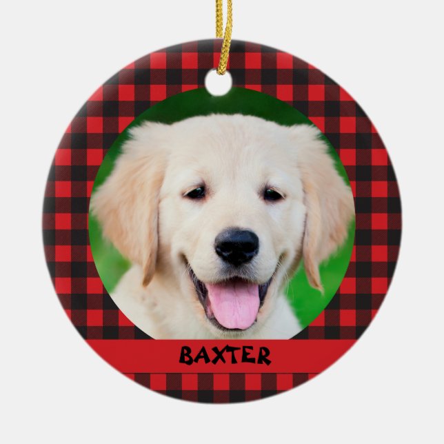 Haustier Foto Red Buffalo Karierter Name Keramik Ornament (Vorne)