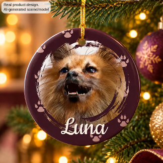 Haustier-Foto und Name Pfotenabdruck Weihnachtsand Keramik Ornament