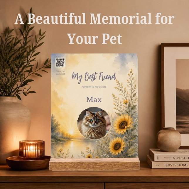 Haustier-Gedenkstätte mit Foto & Spotify-QR-Code Acrylschild (Personalized pet memorial with photo and Spotify QR code linking to a comforting grief playlist.)