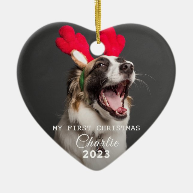 Haustier Hund Erste Weihnachtsfeier Fotos Script O Keramik Ornament (Vorne)